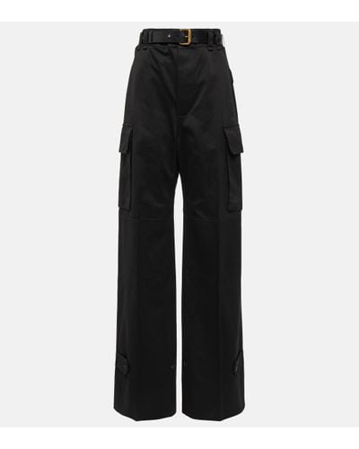 Saint Laurent Leather-trimmed Cotton Wide-leg Trousers - Black