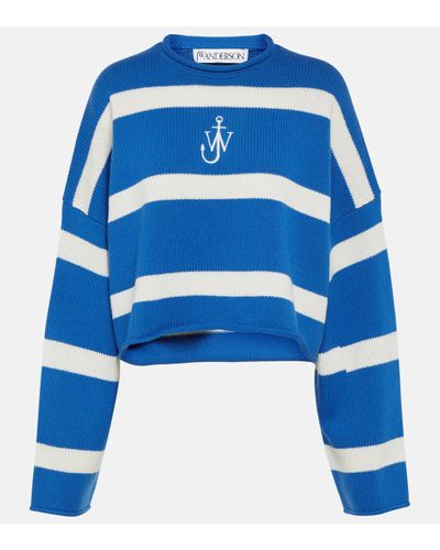 JW Anderson Striped Cropped Wool And Cashmere Jumper - Blue