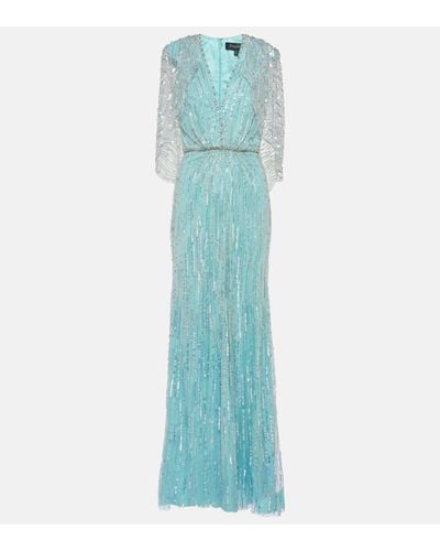 Jenny Packham Coralia Caped Embellished Gown - Blue