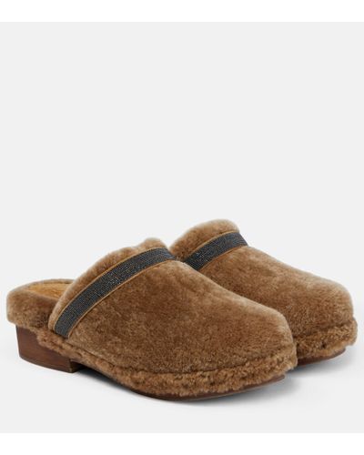 Brunello Cucinelli Embellished Shearling Clogs - Brown