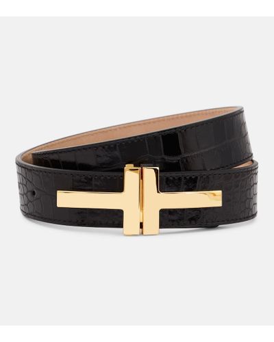 Tom Ford Double T Croc-effect Leather Belt - Black