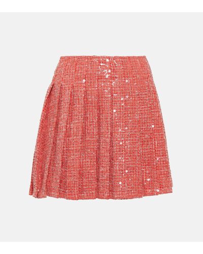 Self-Portrait Pleated Sequined Boucle Miniskirt - Red