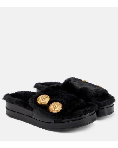 Balmain Leather And Faux Fur Sandals - Black