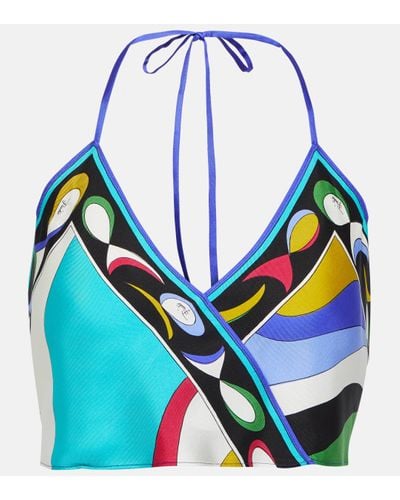 Emilio Pucci Printed Silk Twill Crop Top - Blue