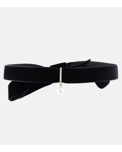 Mateo 14kt Gold And Velvet Choker With Pearl And Diamonds - Black