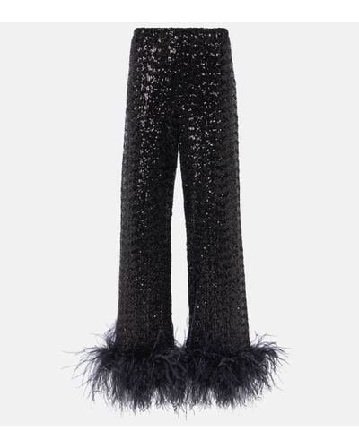Oséree Feather-trimmed Embellished Wide-leg Trousers - Black