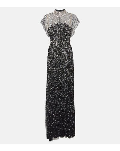 Jenny Packham Crystal Drop Embellished Caped Gown - Black