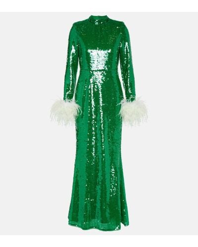 Self-Portrait Sequined Feather-trimmed Gown - Green
