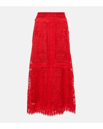FARM Rio Red Toucan Guipure Lace Midi Skirt