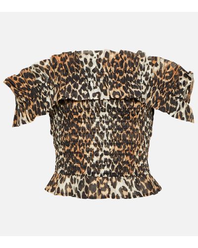 Ganni Leopard-print Off-shoulder Voile Top - Multicolour