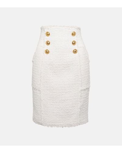 Balmain Mini-jupe a taille haute en tweed de laine melangee - Blanc