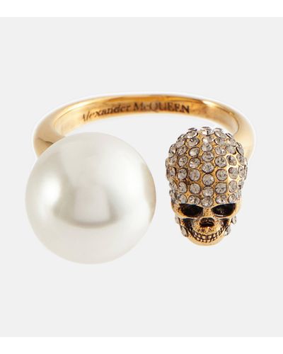 Alexander McQueen Faux Pearl And Skull Ring - Metallic