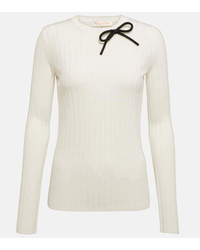 Valentino Bow-detail Ribbed-knit Wool Sweater - White