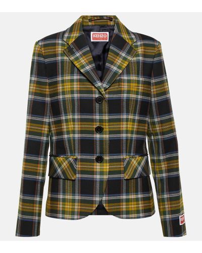 KENZO Checked Wool-blend Blazer - Green