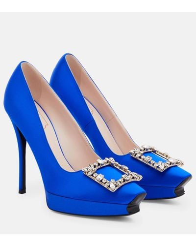 Roger Vivier Flower Strass Satin Platform Court Shoes - Blue