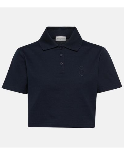 Saint Laurent Embroidered-logo Cropped Polo Shirt - Blue