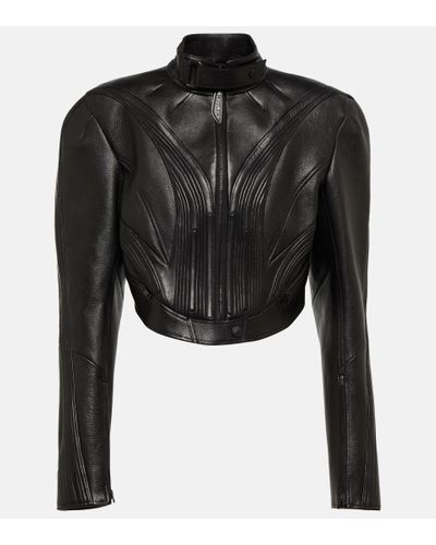 Mugler Cropped Leather Jacket - Black