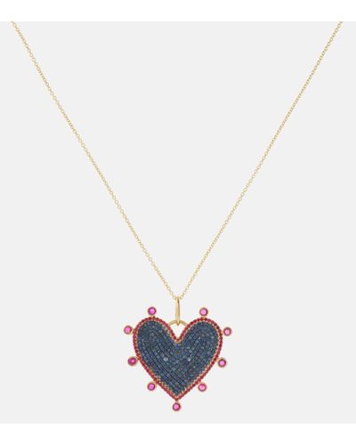 Ileana Makri Halskette Halo Heart aus 18kt Gelbgold mit Rubinen und Saphiren - Weiß