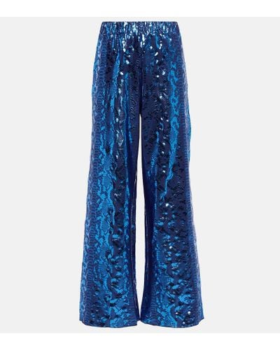 Oséree Metallic Snake-print Wide-leg Pants - Blue