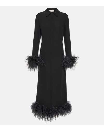 Valentino Feather-trimmed Silk Midi Dress - Black