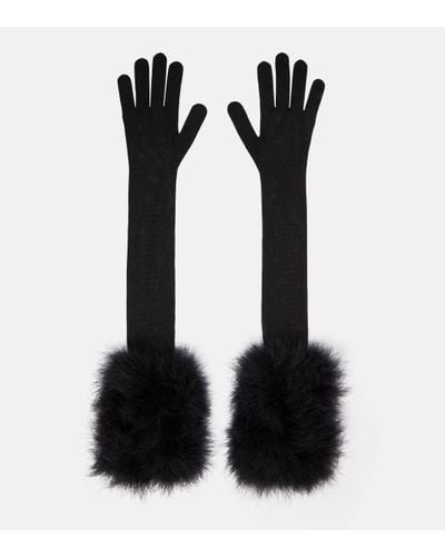 Saint Laurent Feather-trimmed Semi-sheer Gloves - Black