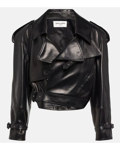 Saint Laurent Cropped Leather Biker Jacket - Black
