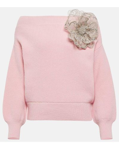 Oscar de la Renta Floral-applique Off-shoulder Wool Sweater - Pink