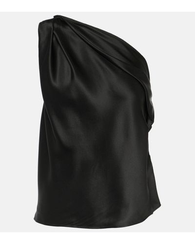 The Sei Draped One-shoulder Silk Satin Top - Black