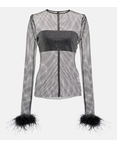 GIUSEPPE DI MORABITO Embellished Feather-trimmed Net Top - Grey