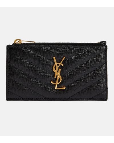 Saint Laurent Ysl Monogram Small Ziptop Card Case In Grained Leather - Black