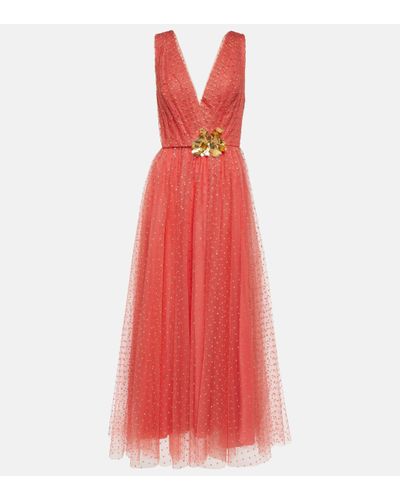 Monique Lhuillier Robe longue en tulle a ornements - Rouge