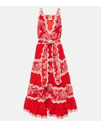 FARM Rio Broderie Anglaise Floral Cotton Midi Dress - Red