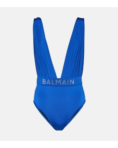 Balmain Crystal-embellished Draped Swimsuit - Blue