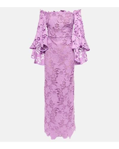 Oscar de la Renta Floral Off-shoulder Lace Gown - Purple