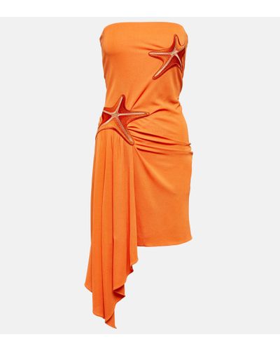 Loewe + Paula's Ibiza Strapless Asymmetric Embroidered Jersey Mini Dress - Orange