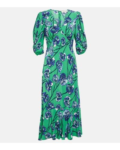 Diane von Furstenberg Gerafftes midikleid aus satin mit floralem print - Grün