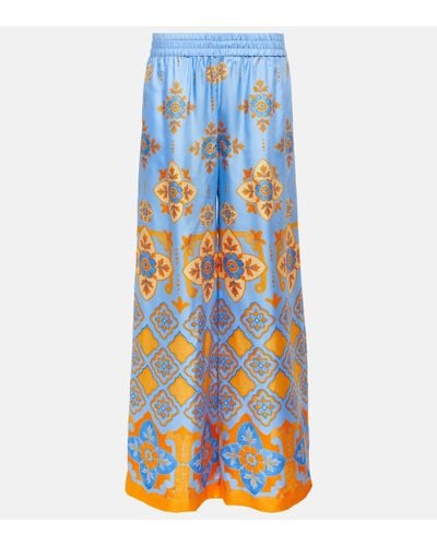 La DoubleJ Pantalon ample a taille haute en soie - Bleu
