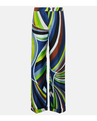 Emilio Pucci Pantalon droit imprime en soie - Bleu