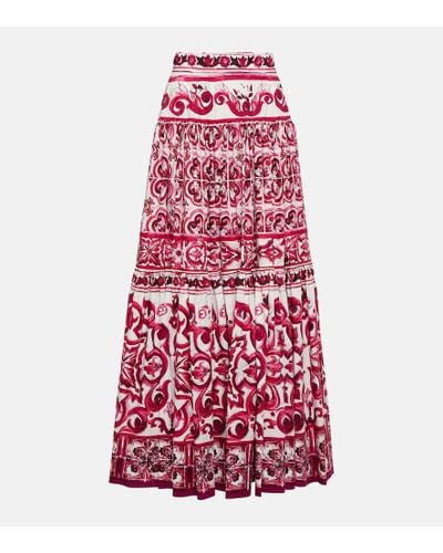 Dolce & Gabbana Falda larga de popelina con estampado Maiolica - Rojo