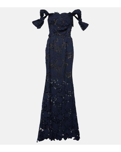Oscar de la Renta Floral Off-shoulder Guipure Lace Gown - Blue