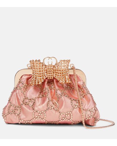 Gucci Bow-detail Embellished Moire Clutch - Pink