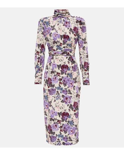 Alessandra Rich Floral Silk Midi Dress - Purple
