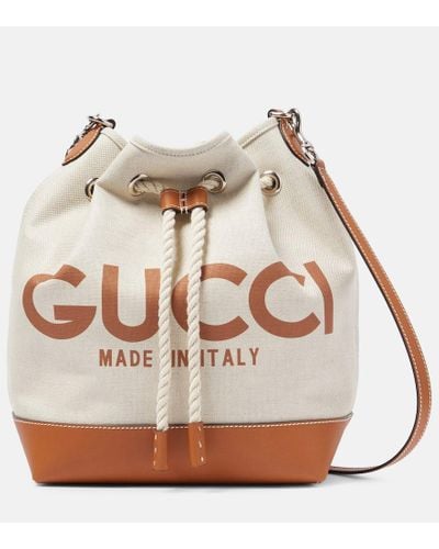 Gucci Logo Leather-trimmed Canvas Bucket Bag - White