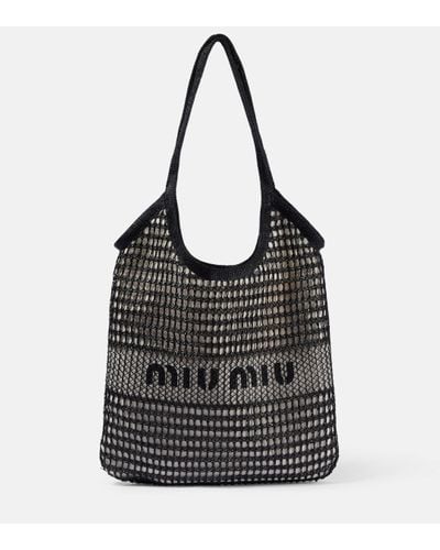 Miu Miu Logo Leather-trimmed Crochet Tote Bag - Black