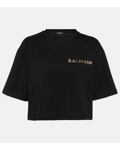 Balmain T-shirt recadré avec logo métallique - Noir