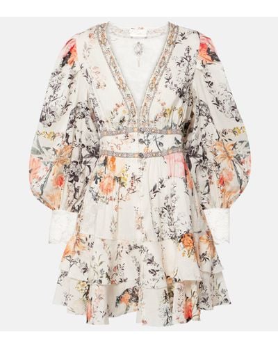 Camilla Robe en lin et soie a fleurs - Blanc