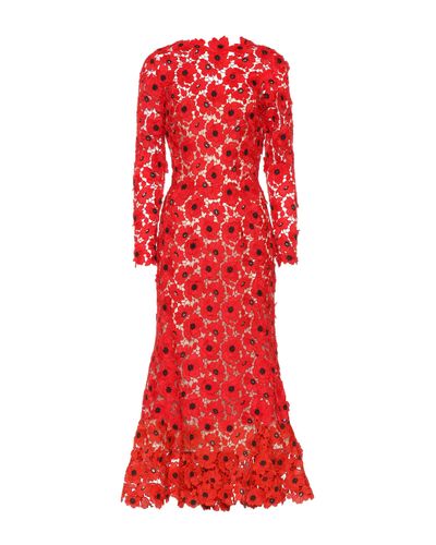 Oscar de la Renta Floral Guipure Lace Dress - Red