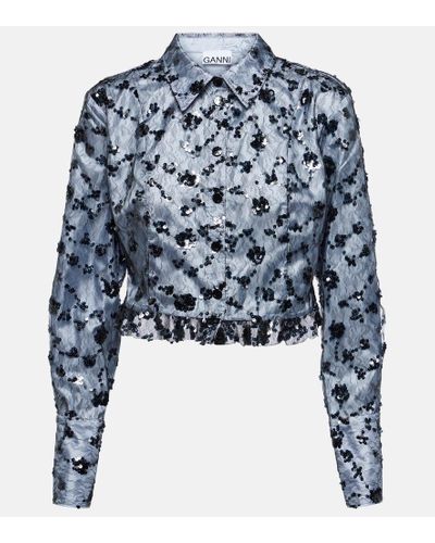 Ganni Cropped-Hemd mit Spitze und Pailletten - Blau