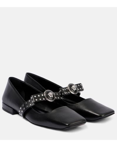 Versace Gianni Ribbon Studded Leather Ballet Flats - Black