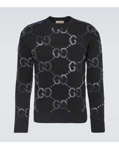Gucci Monogram-pattern Ribbed-trim Wool-blend Knitted Jumper - Black
